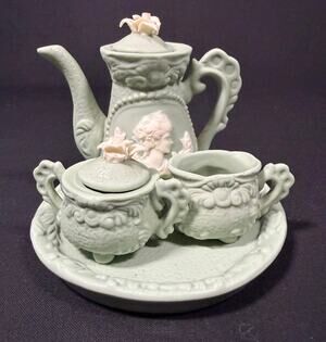 Vintage Miniature Tea Set 4 Pc Green Cameo Victorian Style Made in China 1980s